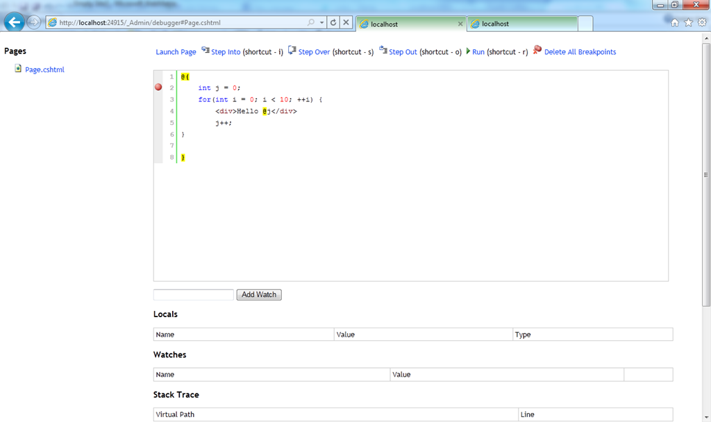 Unhandled exception razor debugger for asp net webpages