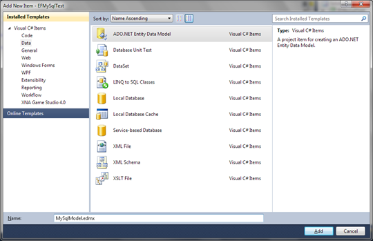 Adding ADO.NET Entity Data Model