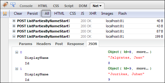 Firebug showing JSON objects retrieved from web server