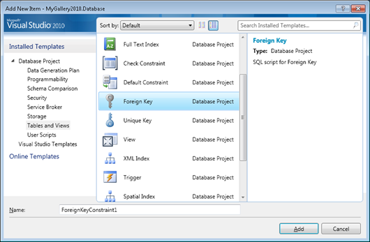 Visual Studio 2010: Add new database object