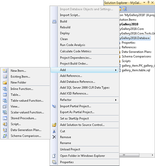 Visual Studio 2010: Database menu
