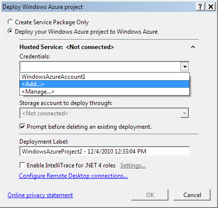 Visual Studio 2010: Windows Azure project deployment settings