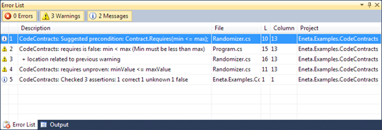 Visual Studio 2010: Warnings by code contracts
