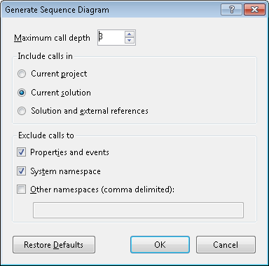 Visual Studio 2010: Sequence diagram generation options