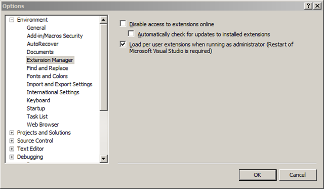 visual studio extensions run as admin