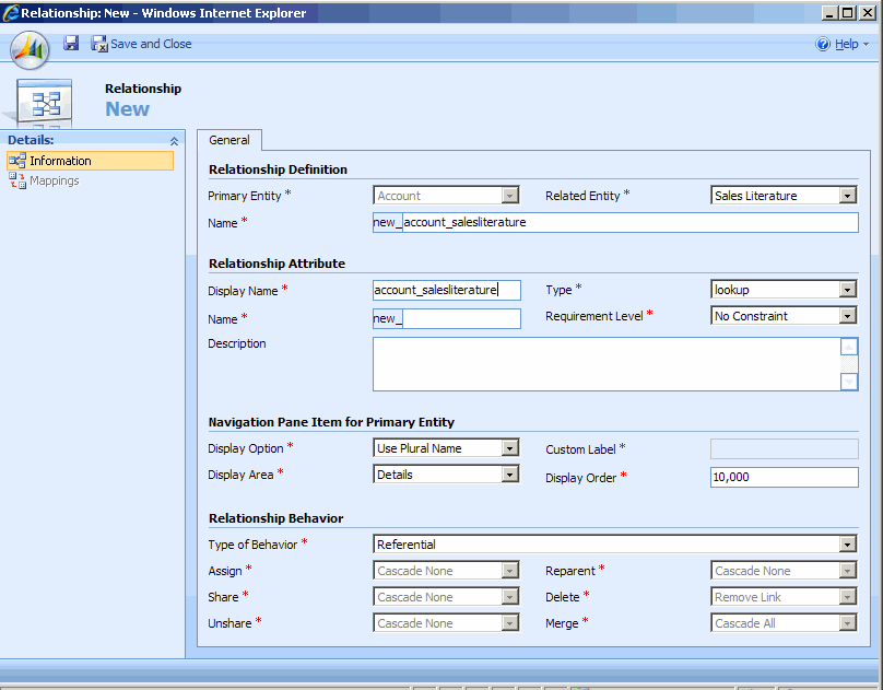 Customizer 1 adds the relationship Accounts-Sales Literature [1:N] and name it as suggested by default